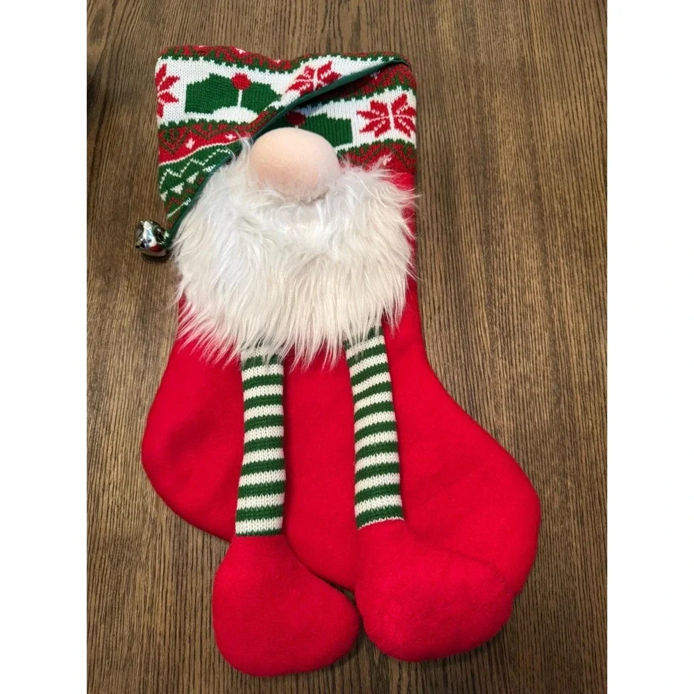 3D Gnome Christmas Stocking Long Dangling Legs Bell Accent and Beard Full Size - Picture 1 of 5